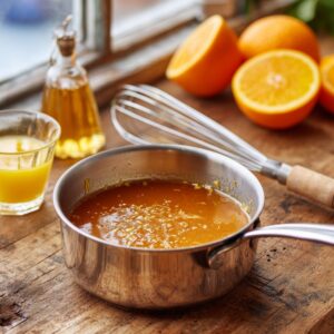 Classic French bigarade sauce reducing in a small stainless steel saucepan
