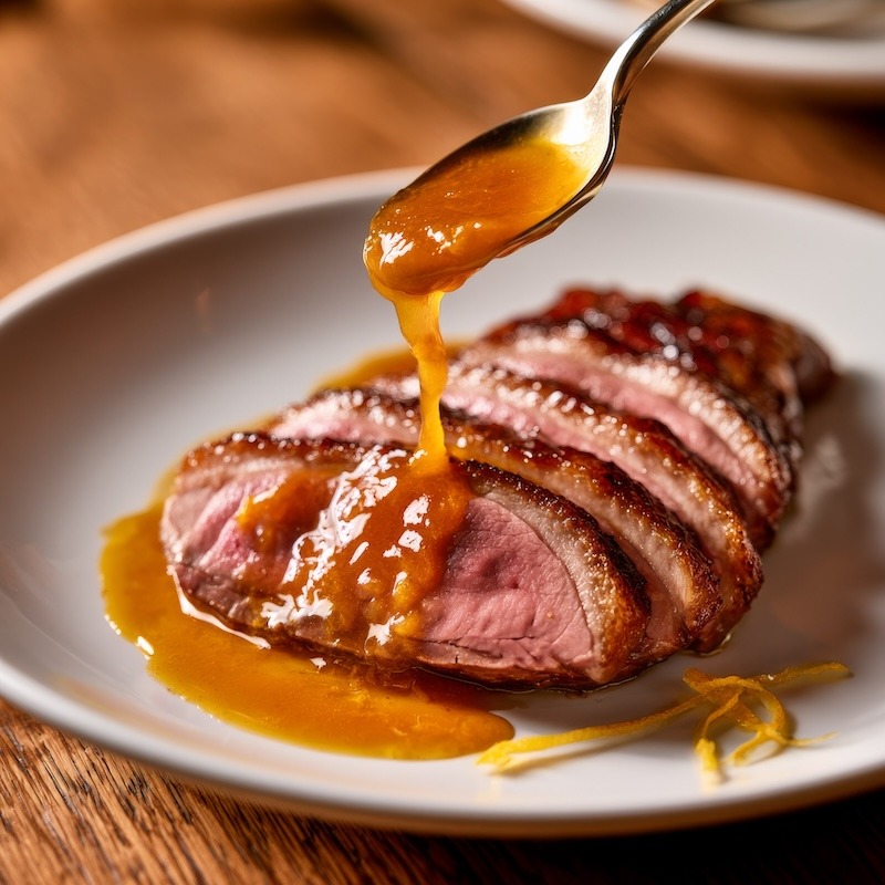 orange bigarade sauce being spooned over a sliced duck breast