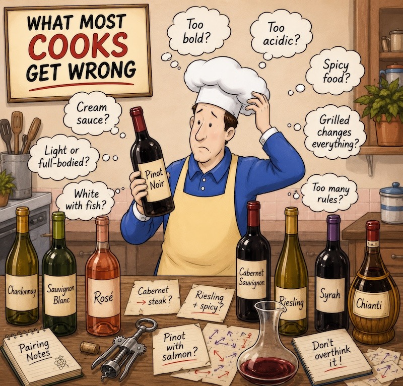 Frustrated cook making common wine pairing mistakes.