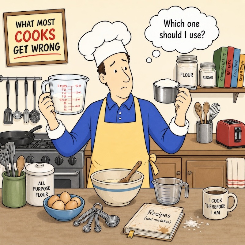 Frustrated cook making common mistakes.