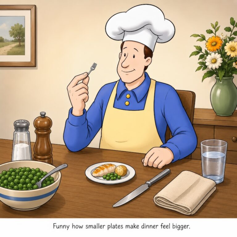A cartoon of the Reluctant Gourmet dining with small plate and small fork.