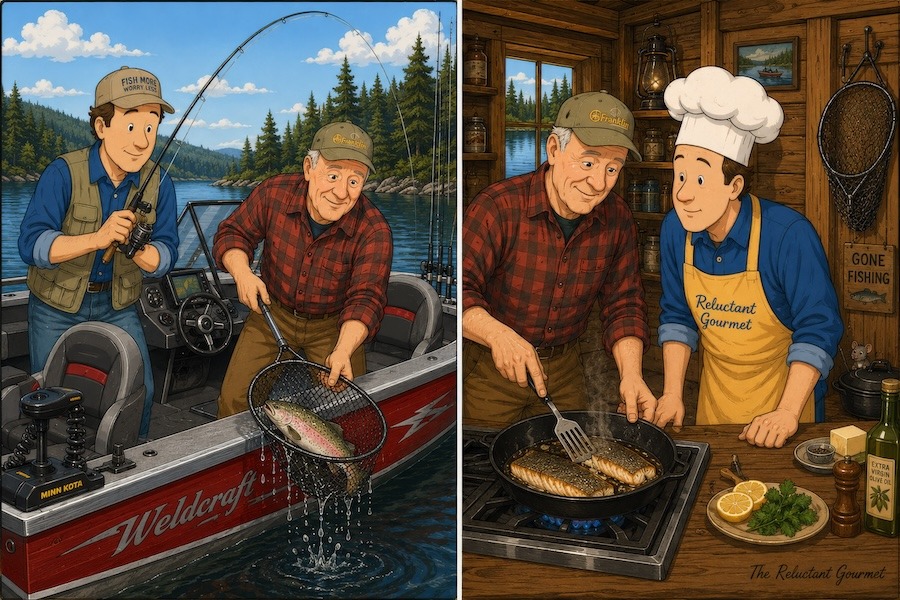 Cartoon of trout fishing with my buddy Tom