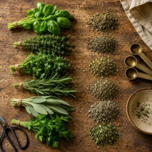 a table with fresh herbs and their dried herb counterparts