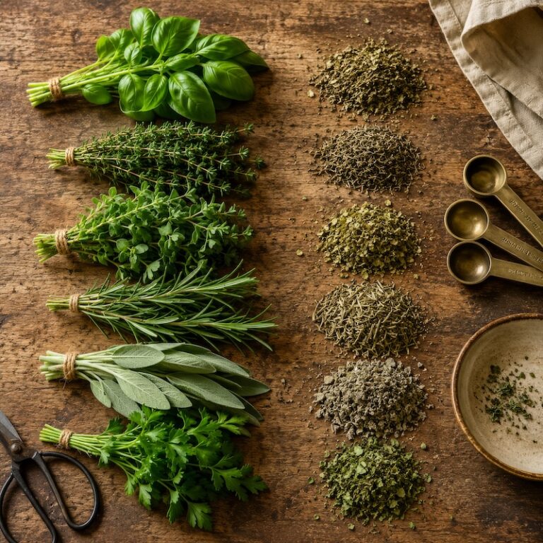 a table with fresh herbs and their dried herb counterparts