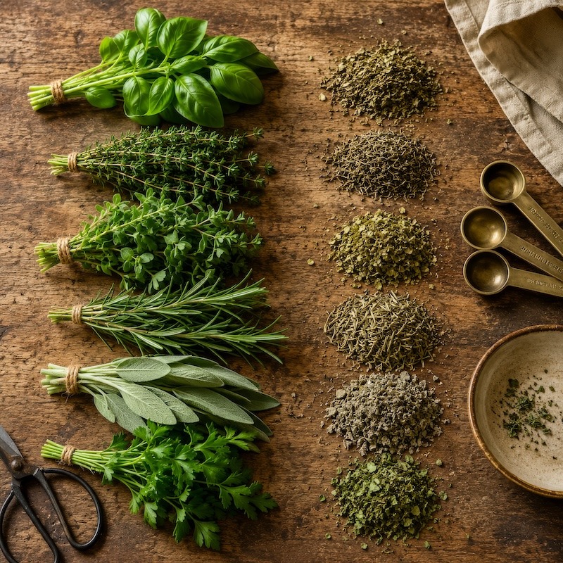 a table with fresh herbs and their dried herb counterparts