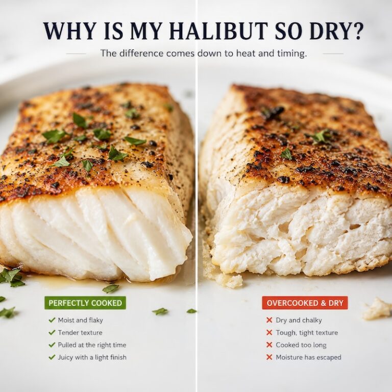 Perfectly cooked halibut versus overcooked and dry halibut