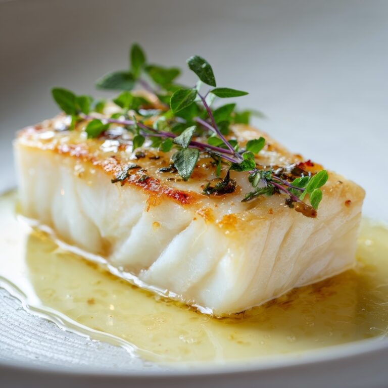 Perfectly cooked halibut fillet with visible moist flaky layers, delicate golden sear, resting on an elegant white ceramic plate