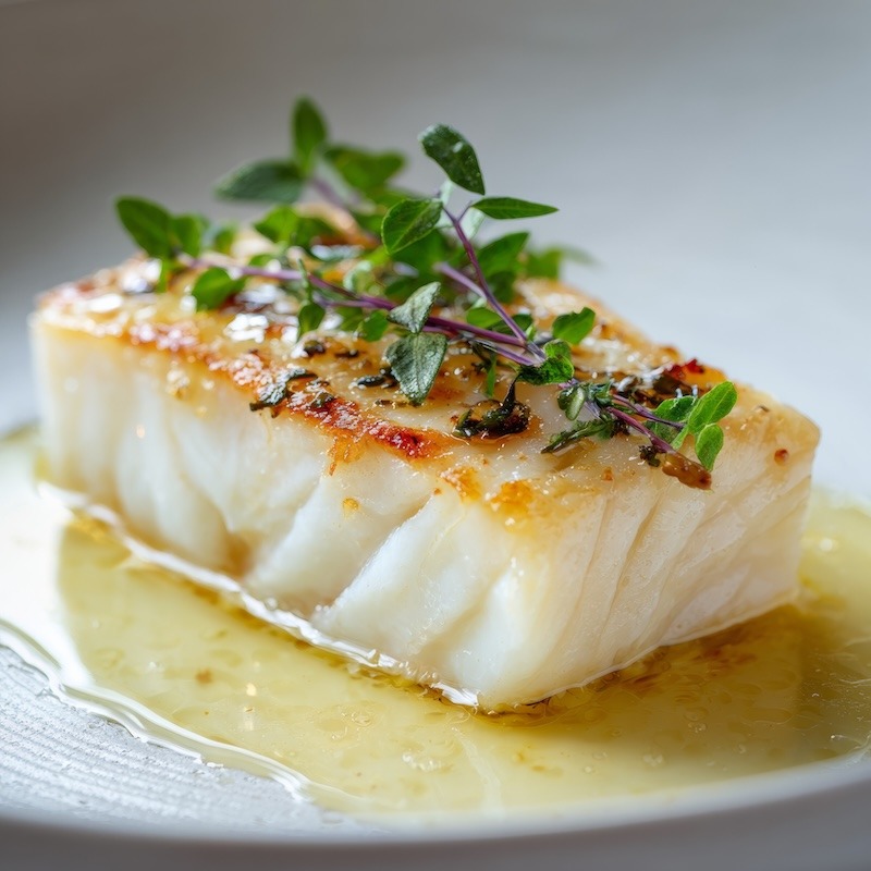 Perfectly cooked halibut fillet with visible moist flaky layers, delicate golden sear, resting on an elegant white ceramic plate