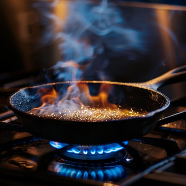 cast iron skillet on a gas stove burner with blue flames visible beneath, a thin coating of golden oil covering the pan surface just beginning to shimmer