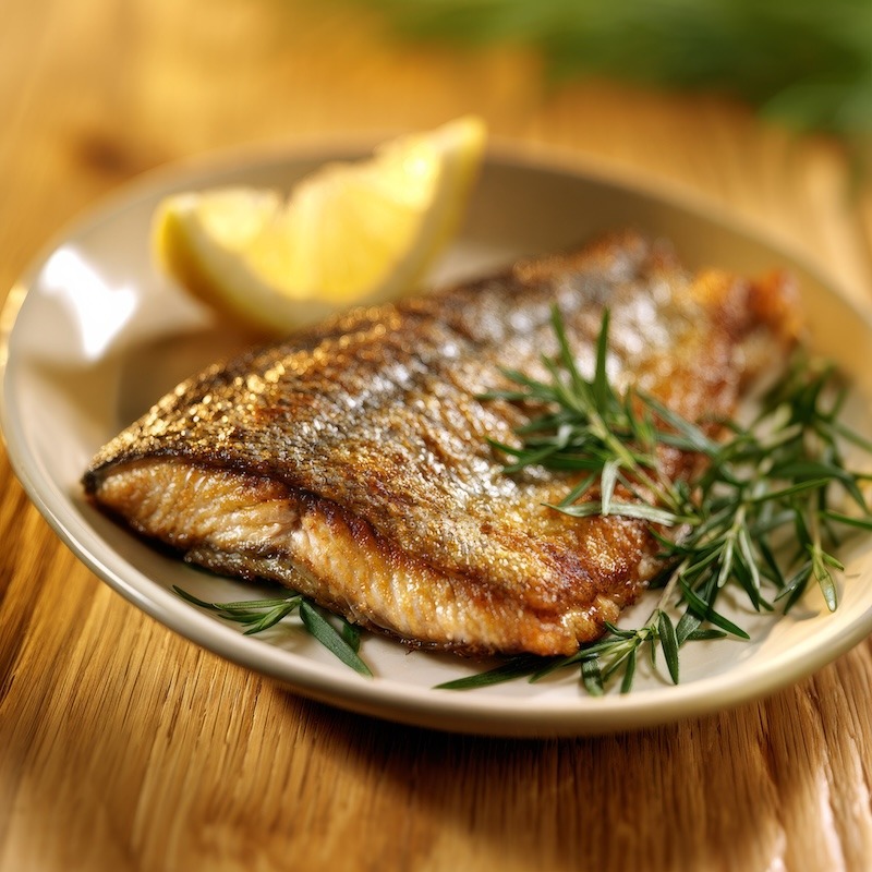 A pan-seared rainbow trout fillet