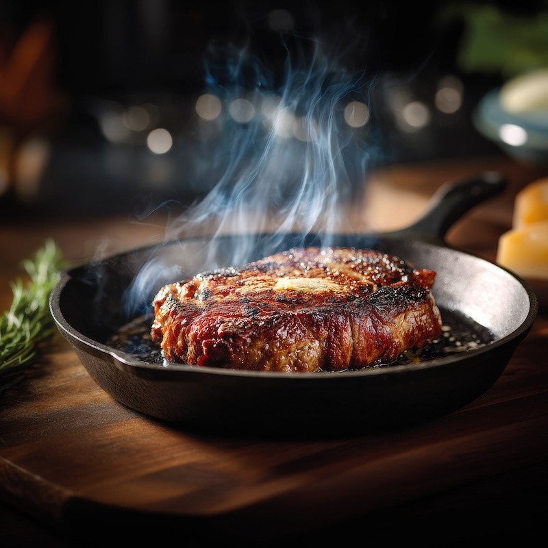 A perfectly seared ribeye steak in cast iron skillet