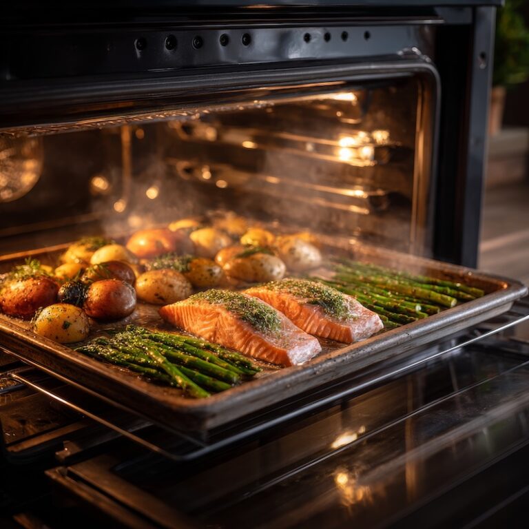 convection steam oven with the door open during cooking, complete one-oven dinner inside including salmon fillets, roasted baby potatoes and asparagus