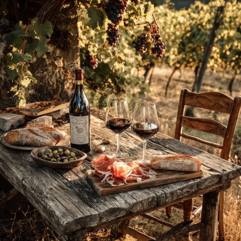A rustic Italian farmhouse table set outdoors in a vineyard, a bottle of Chianti and two glasses of red wine beside a wooden board with prosciutto