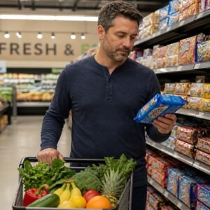 A man in grocery isle looking at cookies