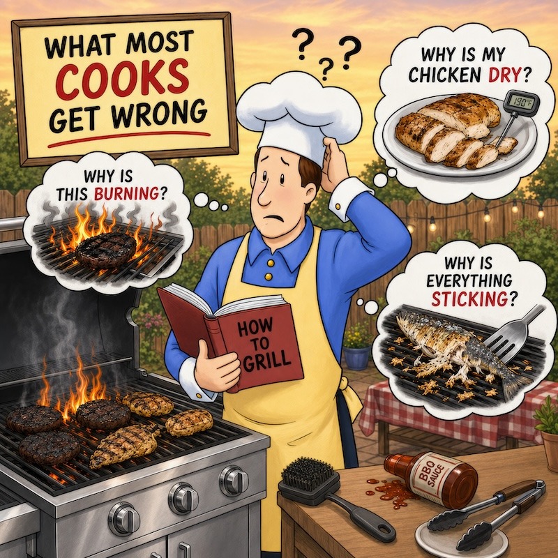 Frustrated cook making common mistakes.