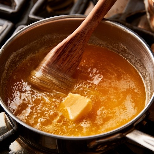 cold butter being whisked into a small saucepan of reducing orange sauce