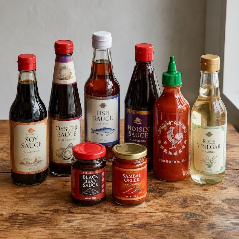 A collection of various asian sauces