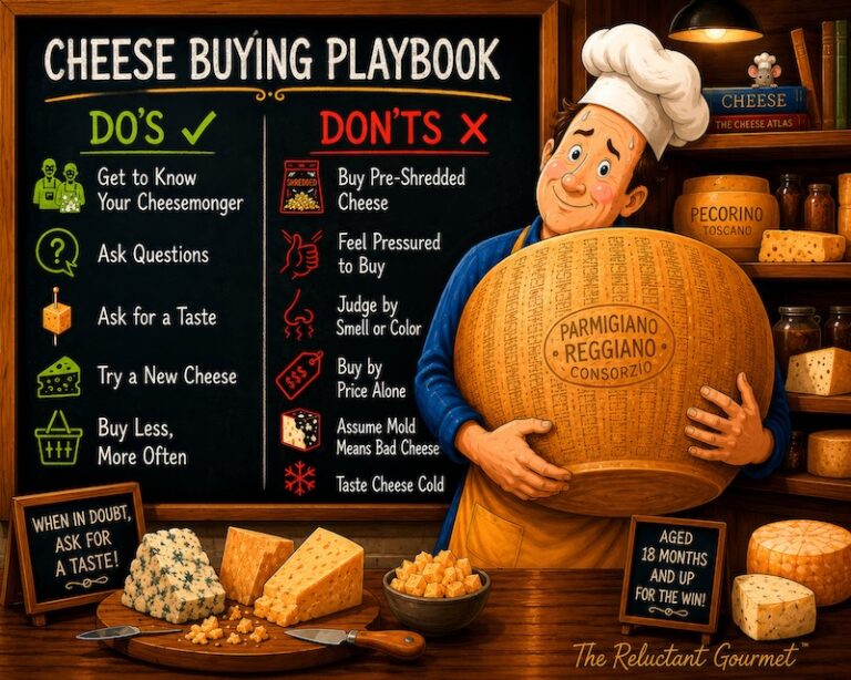A cartoon of the Reluctant Gourmet with cheese buying do's and don't's
