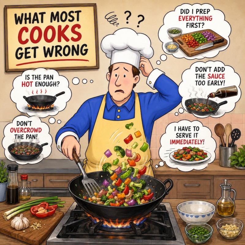 Frustrated cook making common stir fry mistakes.