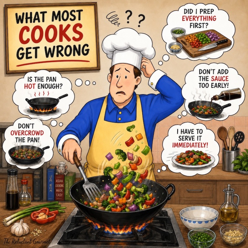 Frustrated cook making common stir fry mistakes.