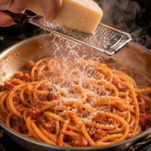 Grating parmesan cheese over pasta