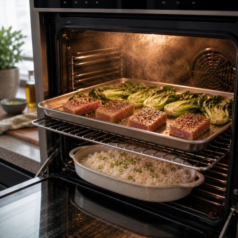 Tuna, jasmine rice and bok choy cooked in a convection steam oven