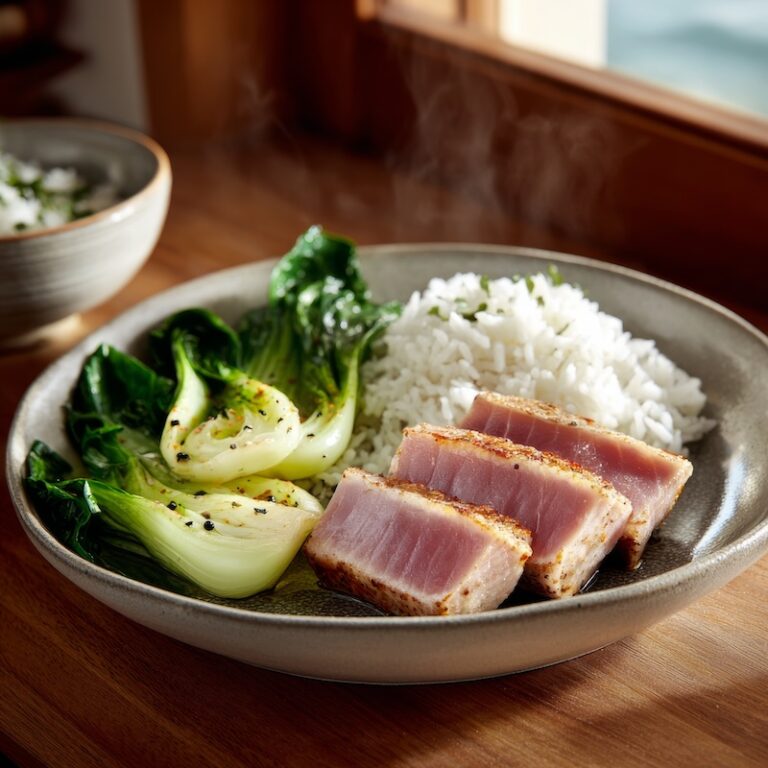 A shallow bowl with tuna, rice and bok choy.
