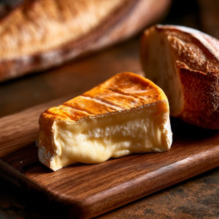 A small wedge of Epoisses at room temperature on a wooden board