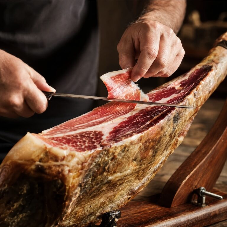 A whole Jamon Iberico leg on a traditional jamonero stand, one slice being cut with a long carving knife