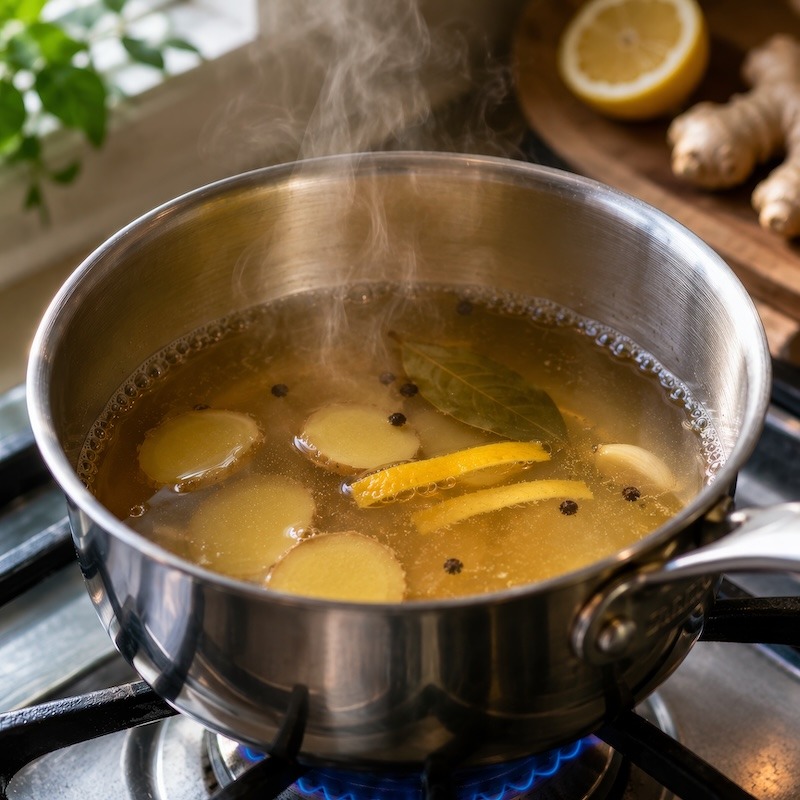 A sauce pan filled with steaming liquid