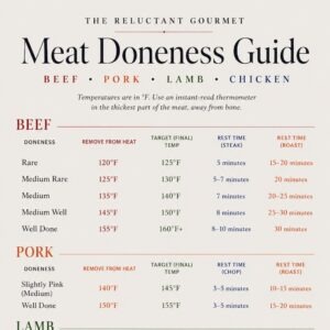Meat doneness temperature chart for beef, pork, lamb, and chicken, showing remove-from-heat temperature, target temperature, and rest time for each doneness level.
