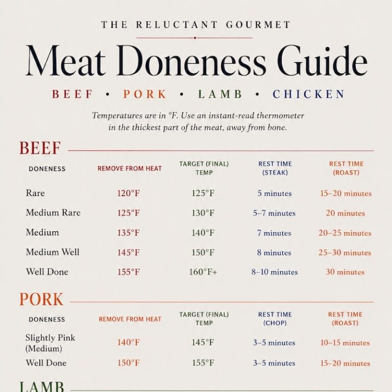 Meat doneness temperature chart for beef, pork, lamb, and chicken, showing remove-from-heat temperature, target temperature, and rest time for each doneness level.