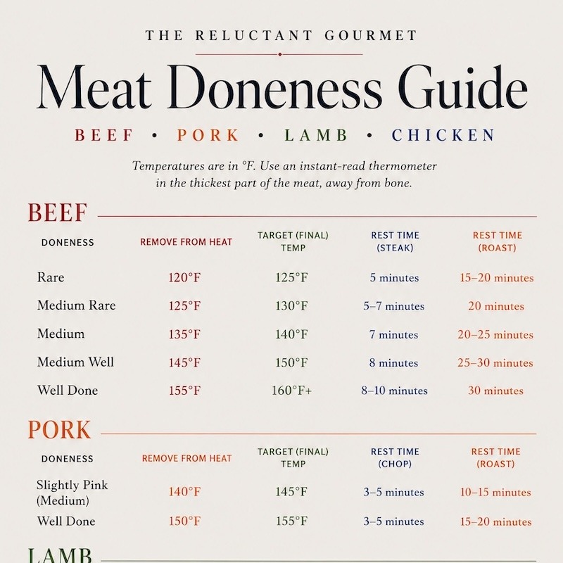 Meat doneness temperature chart for beef, pork, lamb, and chicken, showing remove-from-heat temperature, target temperature, and rest time for each doneness level.