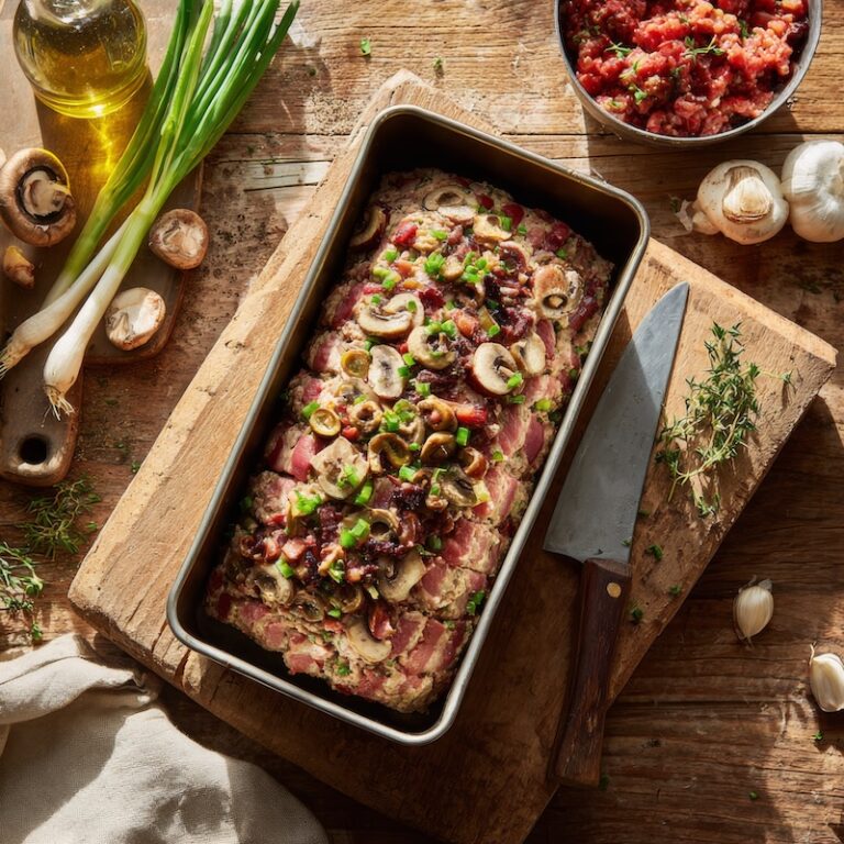 Nicois style meatloaf packed into a standard loaf pan just before baking