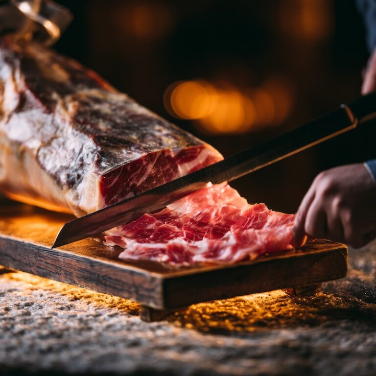 A whole Jamon Iberico leg on a traditional jamonero stand, one slice being cut with a long carving knife