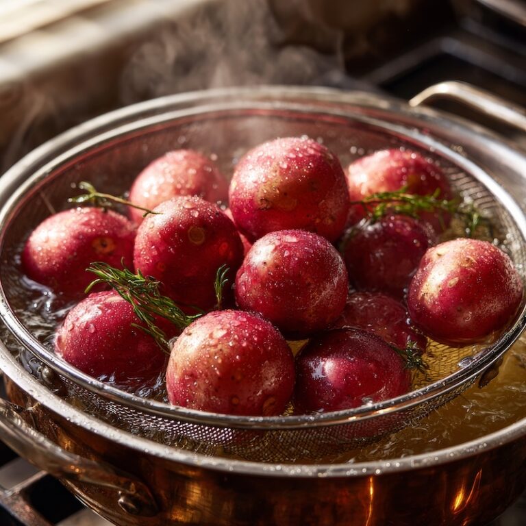 small unpeeled red new potatoes in a stainless steel steamer basket suspended over simmering water