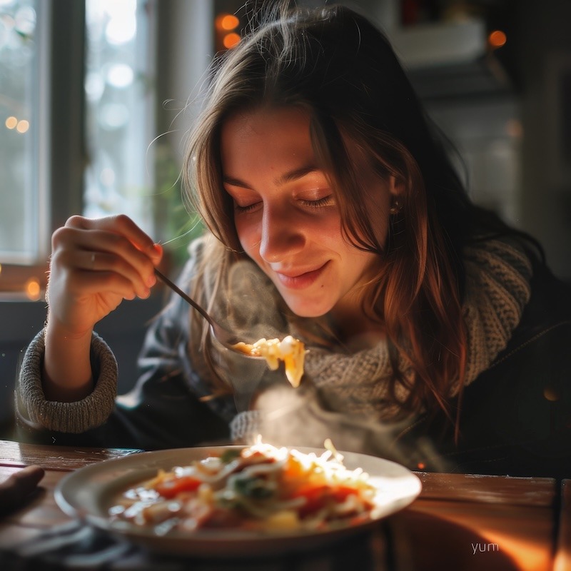 a person taking a bite of an incredible homemade meal at a real dinner table, eyes gently closed during an authentic involuntary "yum" reaction