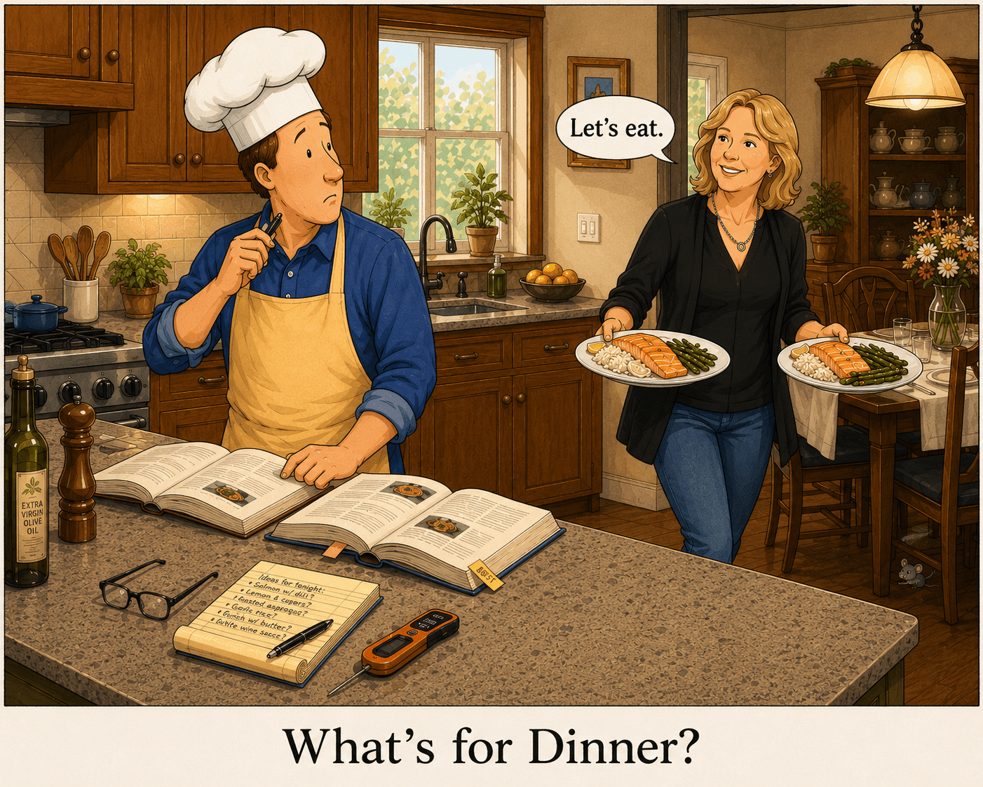 Cartoon - While the Reluctant Gourmet is looking for what to make for dinner, his wife has it done.