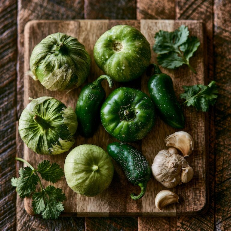 Overhead flat-lay of raw ingredients before cooking husked tomatillos