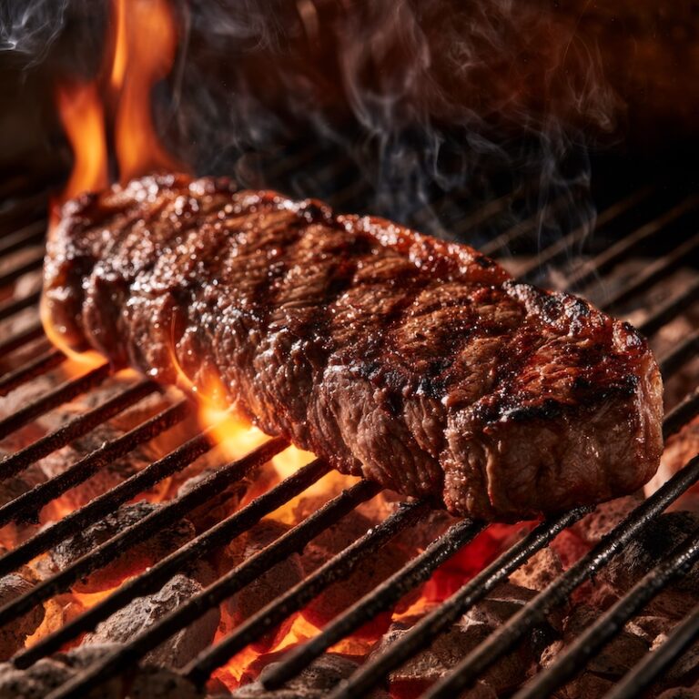 A thick strip steak searing directly over glowing charcoal briquettes