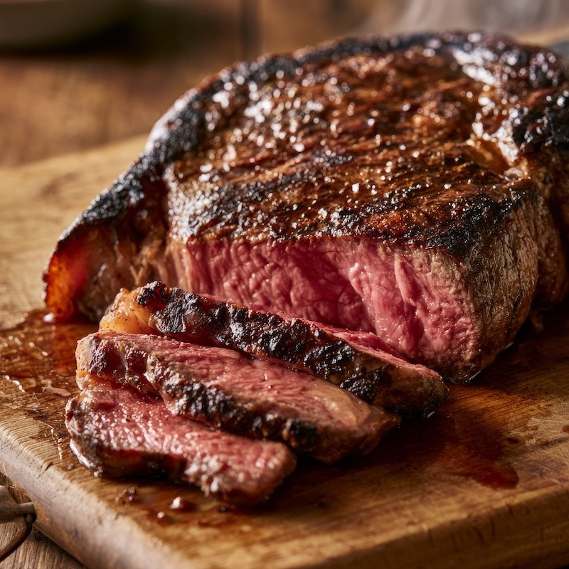 A finished grilled steak resting on a wooden cutting board