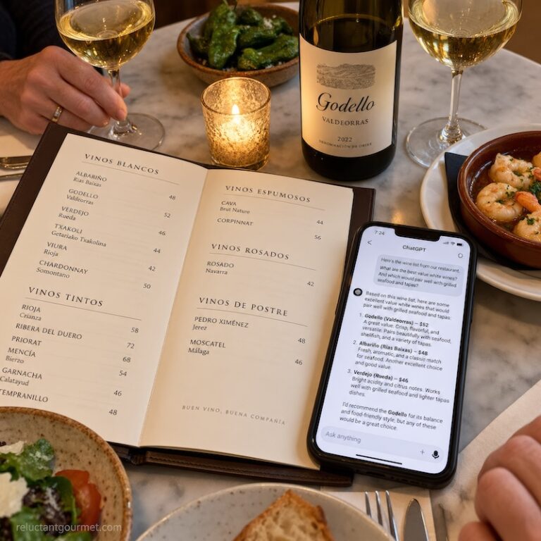 A bottle of wine next to a wine list and an iPhone