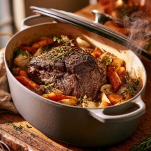 A Dutch oven with a browned chuck roast nestled among carrots, onions, and herbs