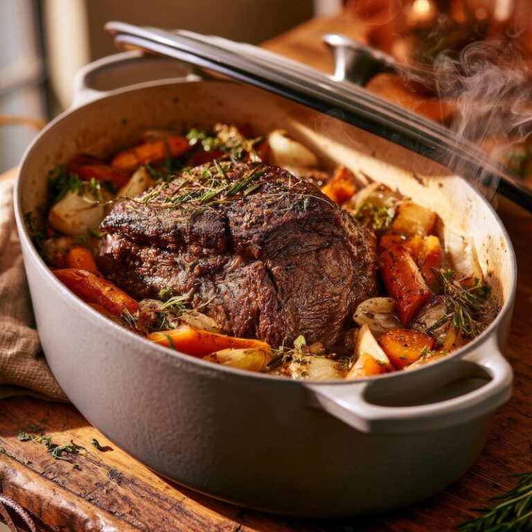 A Dutch oven with a browned chuck roast nestled among carrots, onions, and herbs