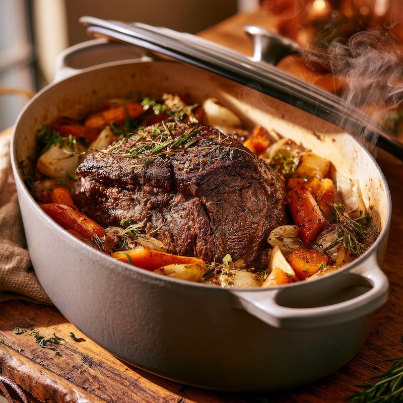 A Dutch oven with a browned chuck roast nestled among carrots, onions, and herbs