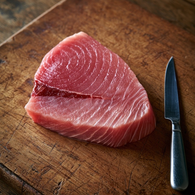 A raw tuna steak on a cutting board with the dark red bloodline partly trimmed away