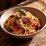 Linguine tossed in marinara with Kalamata olives, topped with a piece of tuna broken open to show a just-cooked interior