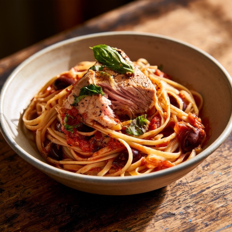 Linguine tossed in marinara with Kalamata olives, topped with a piece of tuna broken open to show a just-cooked interior