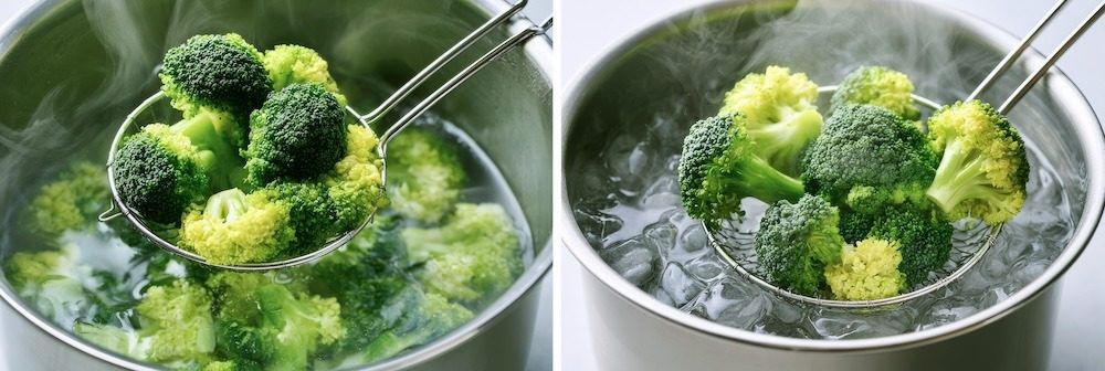Bright green broccoli florets being lifted from boiling salted water with a wire spider into an ice bath