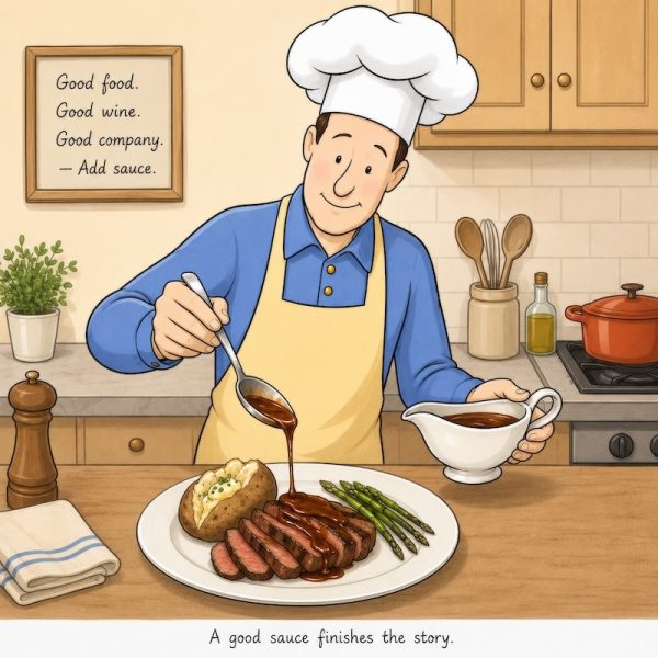 A cartoon of the Reluctant Gourmet serving a delicious sauce over the entree.